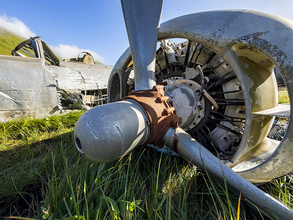 Detail from grounded B-24 Liberator bomber which ran out of fuel during WWII, Bechevin Bay, Atka Island, Alaska.