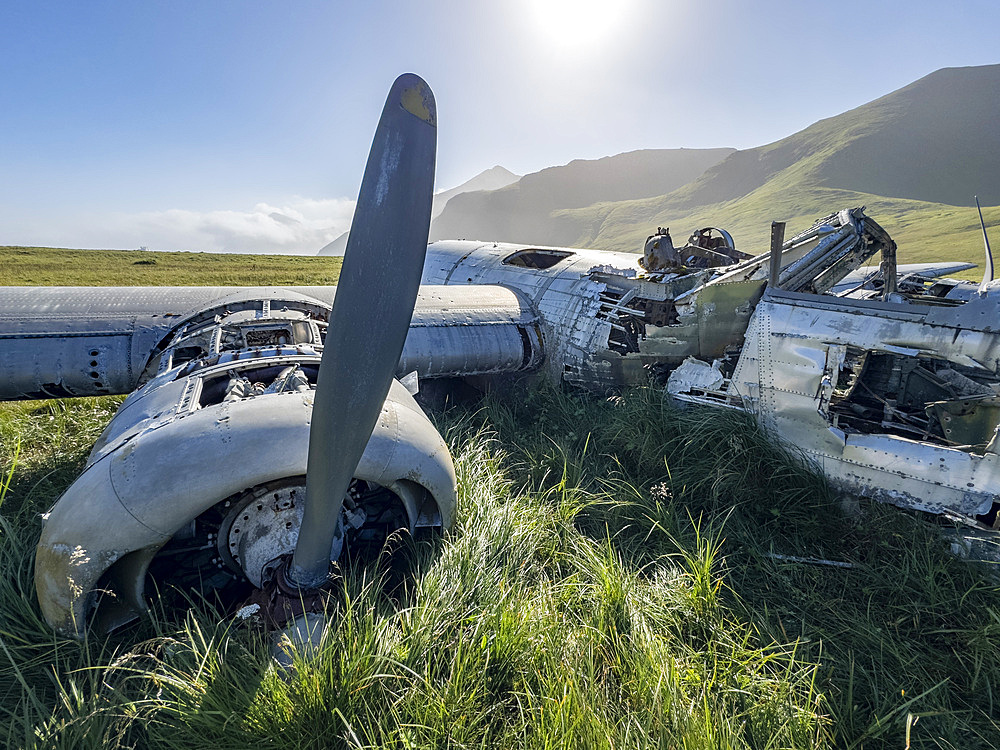 Detail from grounded B-24 Liberator bomber which ran out of fuel during WWII, Bechevin Bay, Atka Island, Alaska.