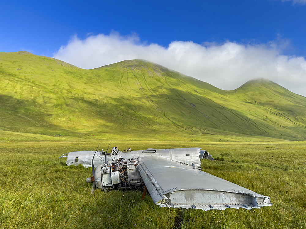 Wrecked and grounded B-24 Liberator bomber which ran out of fuel during WWII, Bechevin Bay, Atka Island, Alaska.