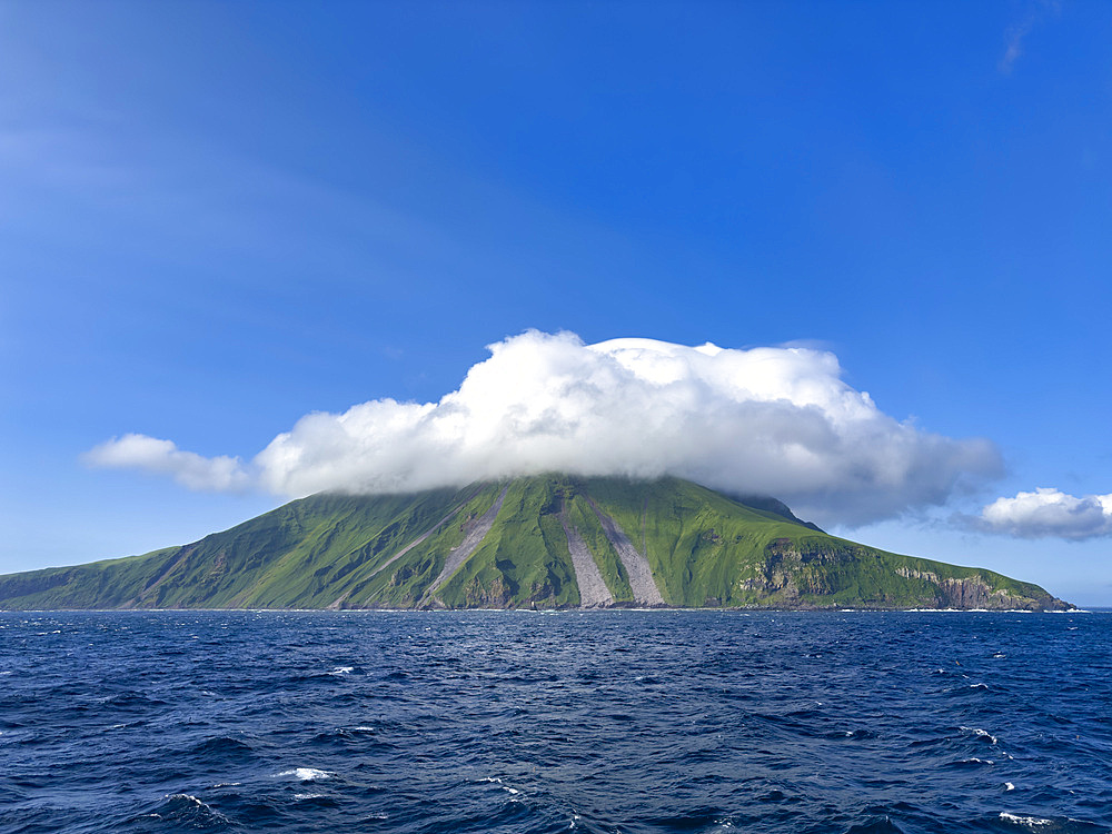 Stratovolcano on Kagamil Island. Kagamil Island is one of the four mountains of the Aleutian Archipelago, Alaska.