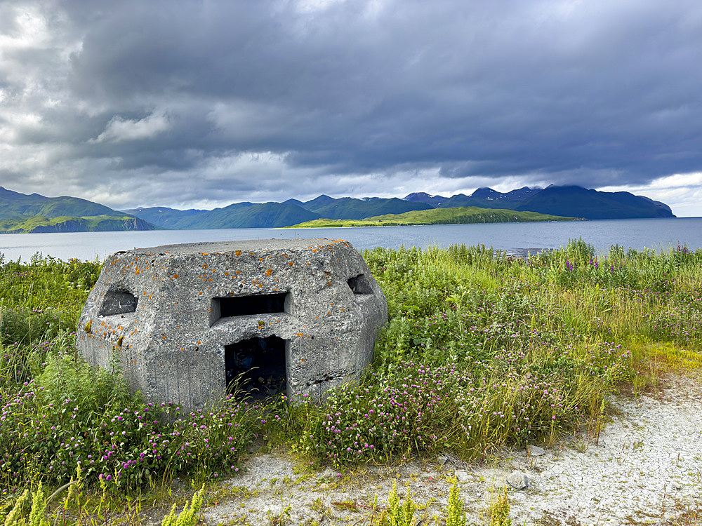 Remains of World War II pill bunkers left unused in Dutch Harbor, Unalaska, Alaska.