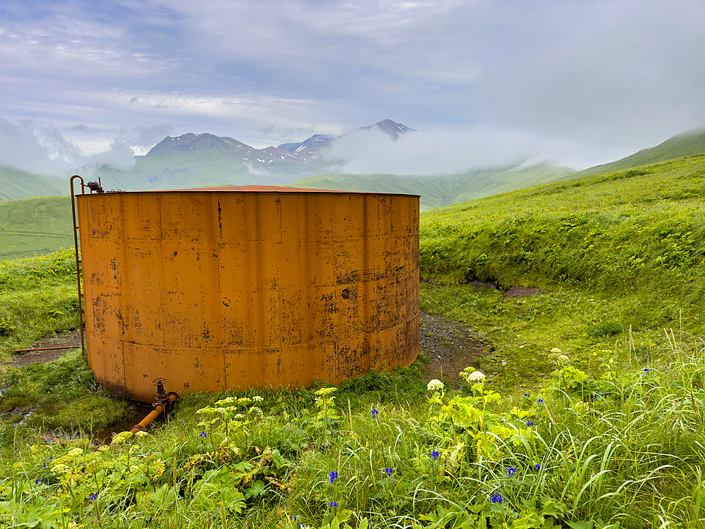 Great Sitkin Island, the site of a fuel depot during World War II called Sand Bay Naval Station, Andreanof Islands, Alaska.
