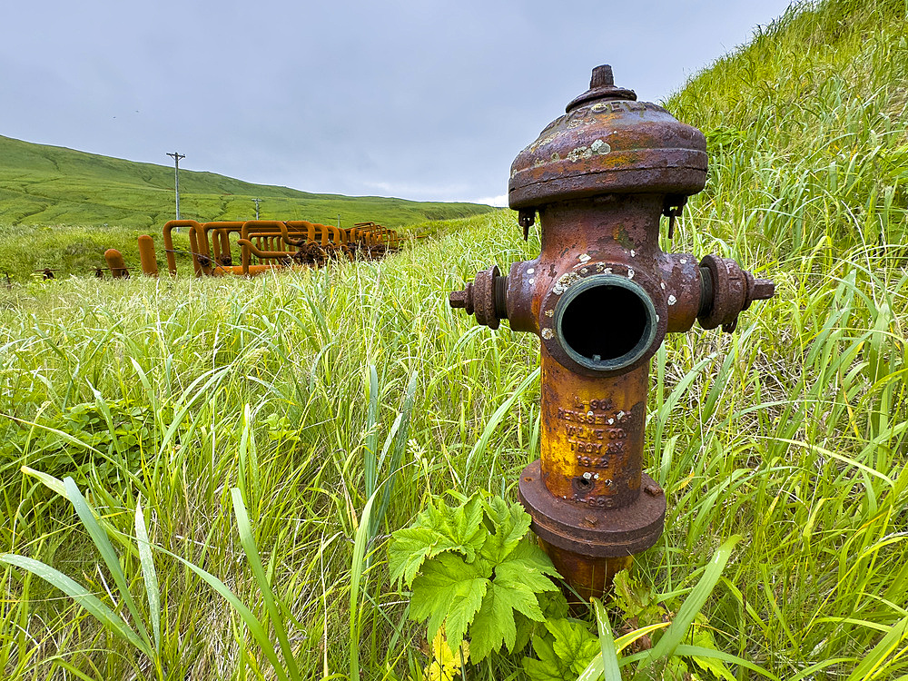 Great Sitkin Island, the site of a fuel depot during World War II called Sand Bay Naval Station, Andreanof Islands, Alaska.
