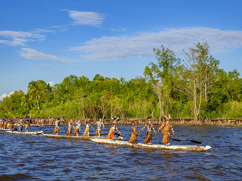 Male paddlers from the village of Per perform in a ritualistic greeting ceremony, Asmat Region, Papua, Indonesia.
