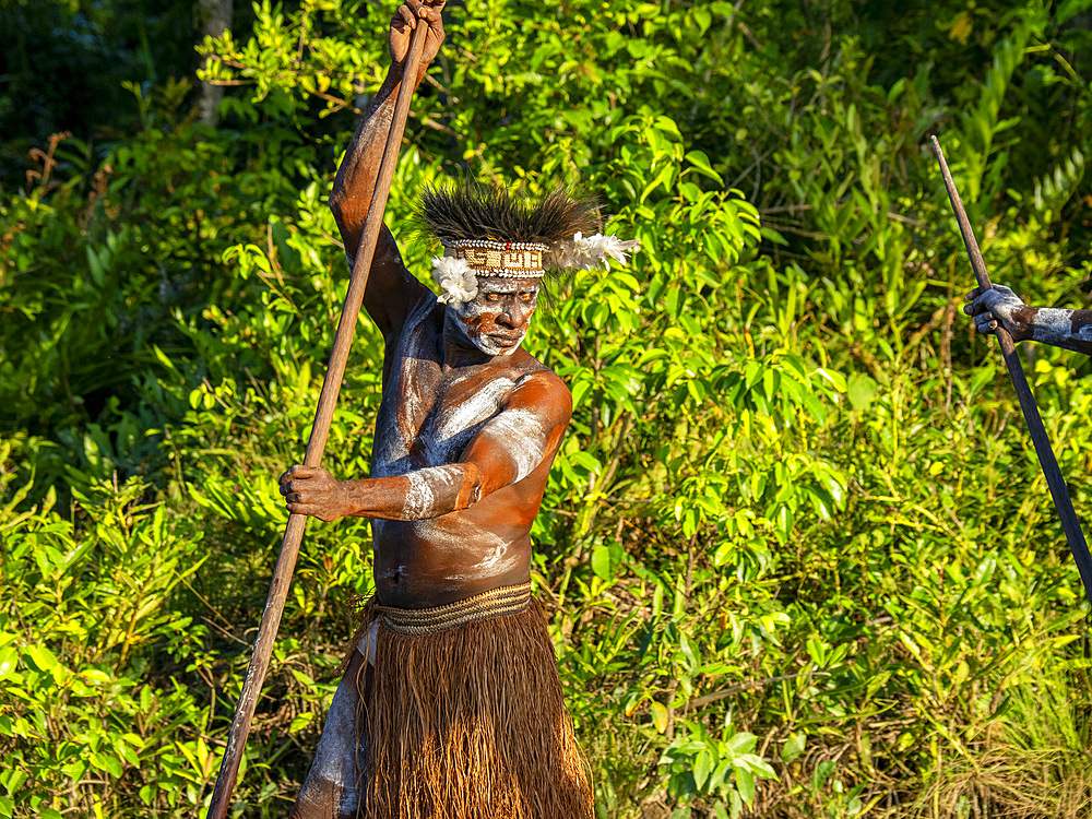 Male paddlers from the village of Per perform in a ritualistic greeting ceremony, Asmat Region, Papua, Indonesia.