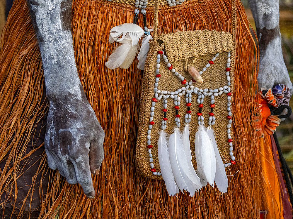 Satchel detail from the village of Per where people perform a greeting ceremony, Asmat Region, Papua, Indonesia.