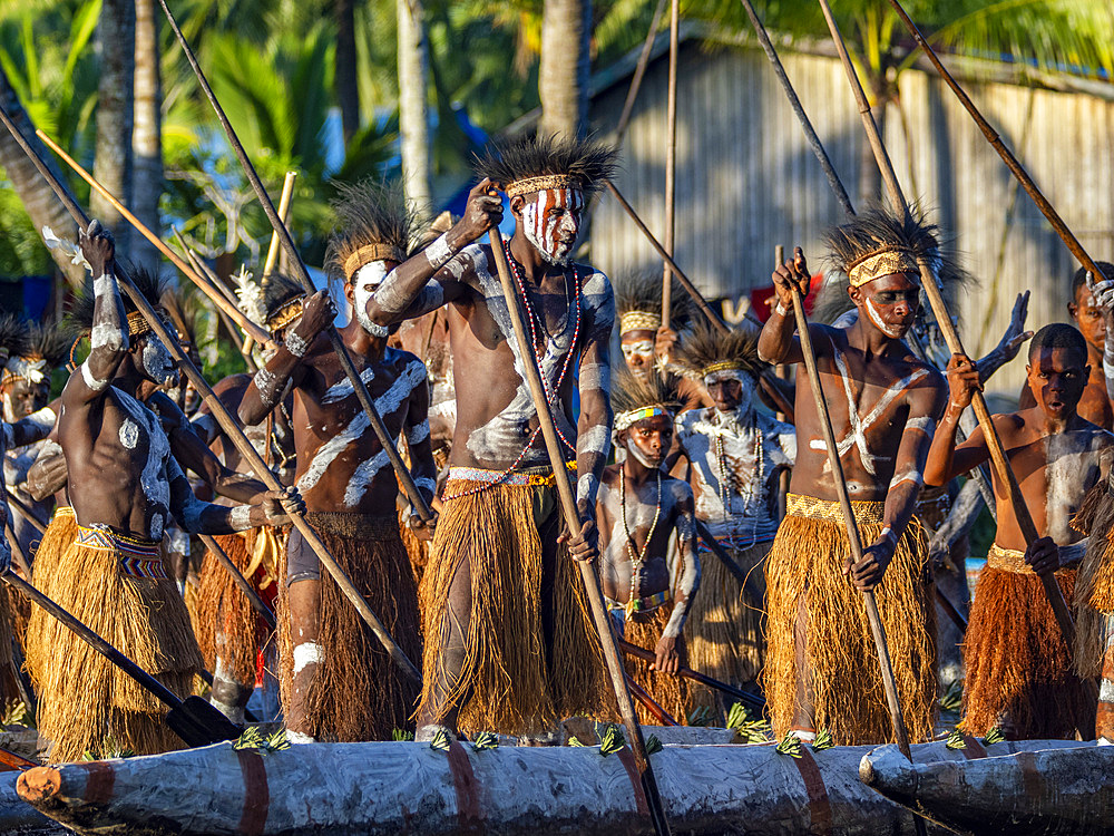 Male paddlers from the village of Uwus perform in a ritualistic greeting ceremony, Asmat Region, Papua, Indonesia.