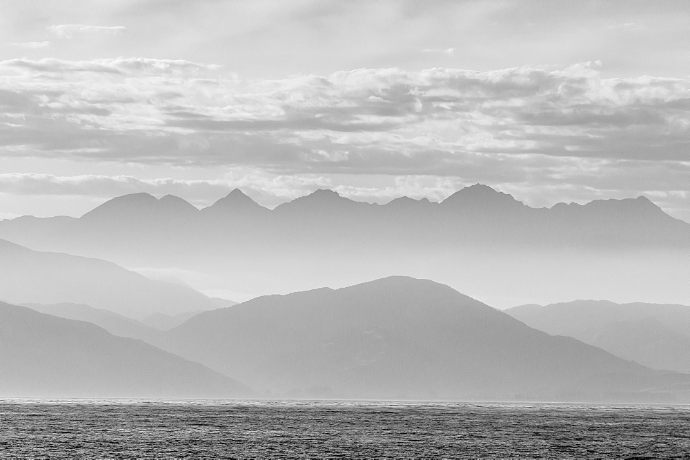 The coastline of Kaikoura in black and white, South Island, New Zealand, Pacific