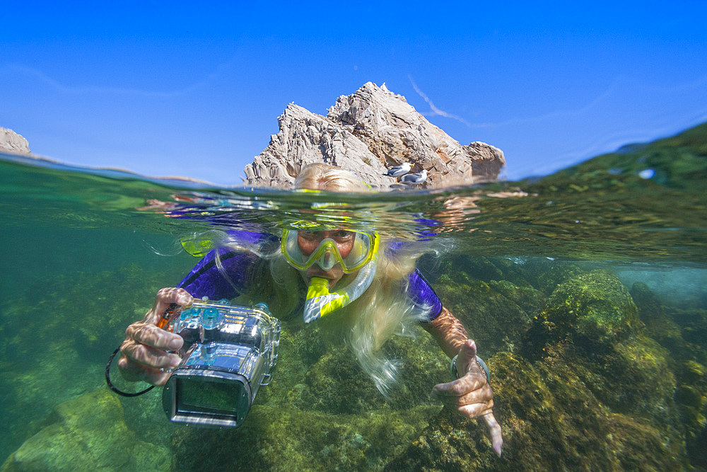 Half above and half below the sea at Isla Santa Catalina in the Gulf of California, Baja California Sur, Mexico.