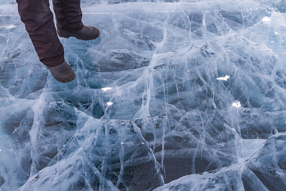 Details of the ice road from Tibbitt to Contwoyto, on the frozen Great Slave Lake, Northwest Territories, Canada.