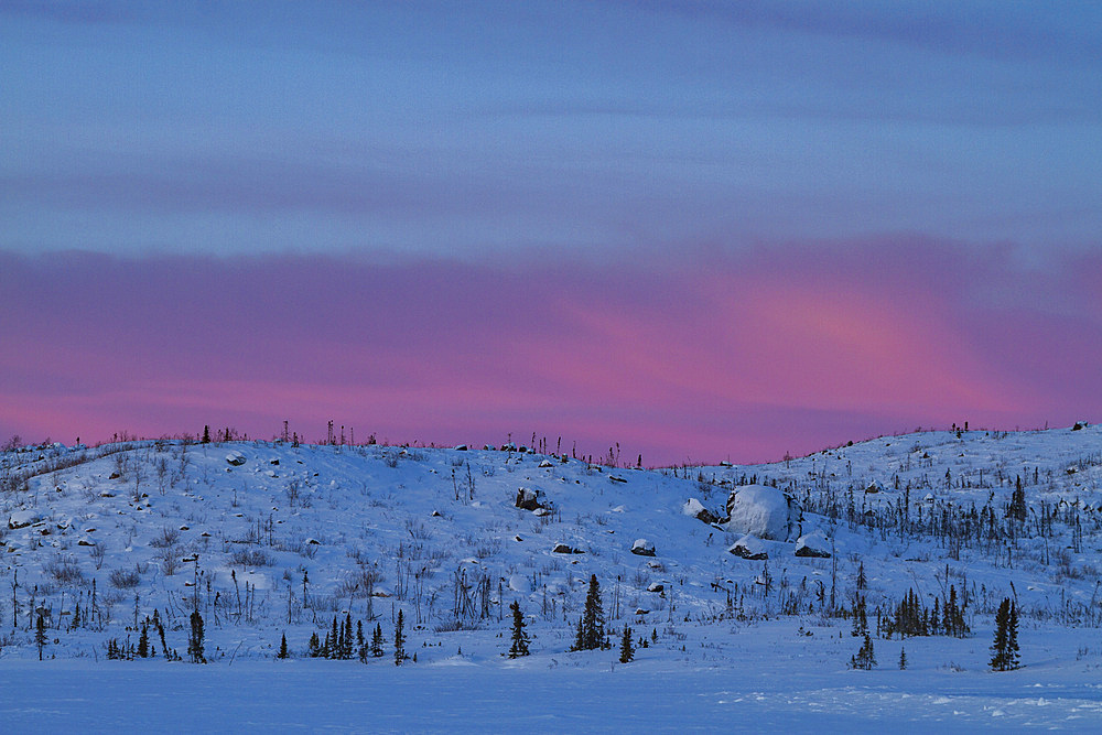 Sunrise over the boreal forest on the Great Slave Lake north of Yellowknife, Northwest Territories, Canada.