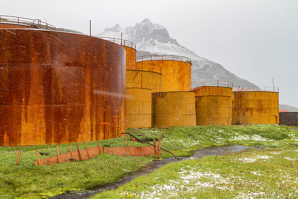 Views of the old abandoned Norwegian whaling station in Grytviken (Swedish for 'Pot Cove') on South Georgia Island.