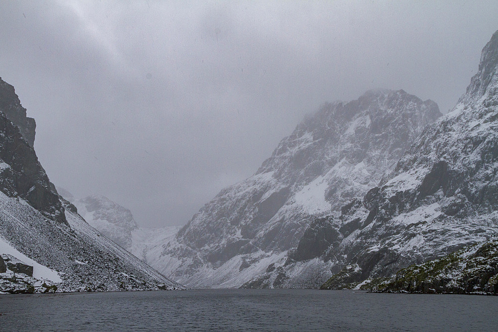 Views of Larsen Harbour in Drygalski Fjord during a snowstorm on South Georgia Island, Southern Ocean.