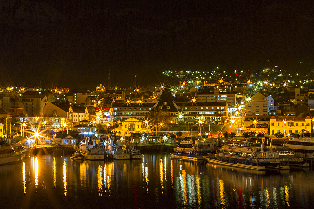 Night view of Ushuaia, the capital of the Argentine province of Tierra del Fuego and the southernmost city in the world.