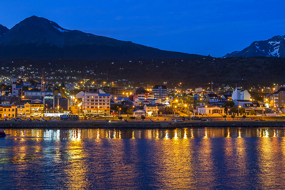 Night view of Ushuaia, the capital of the Argentine province of Tierra del Fuego and the southernmost city in the world.