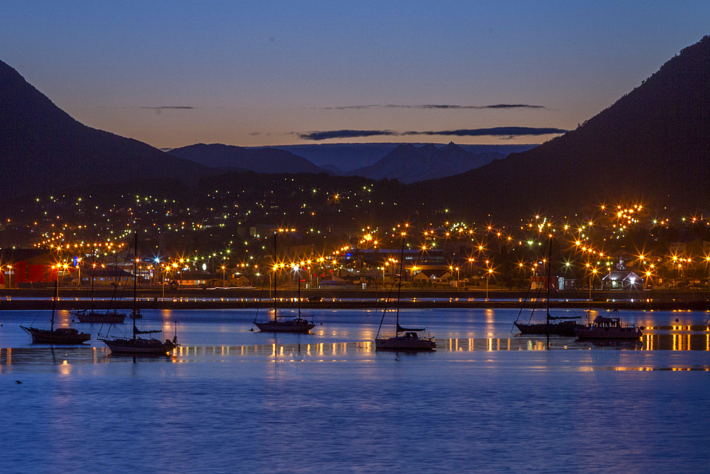 Night view of Ushuaia, the capital of the Argentine province of Tierra del Fuego and the southernmost city in the world.