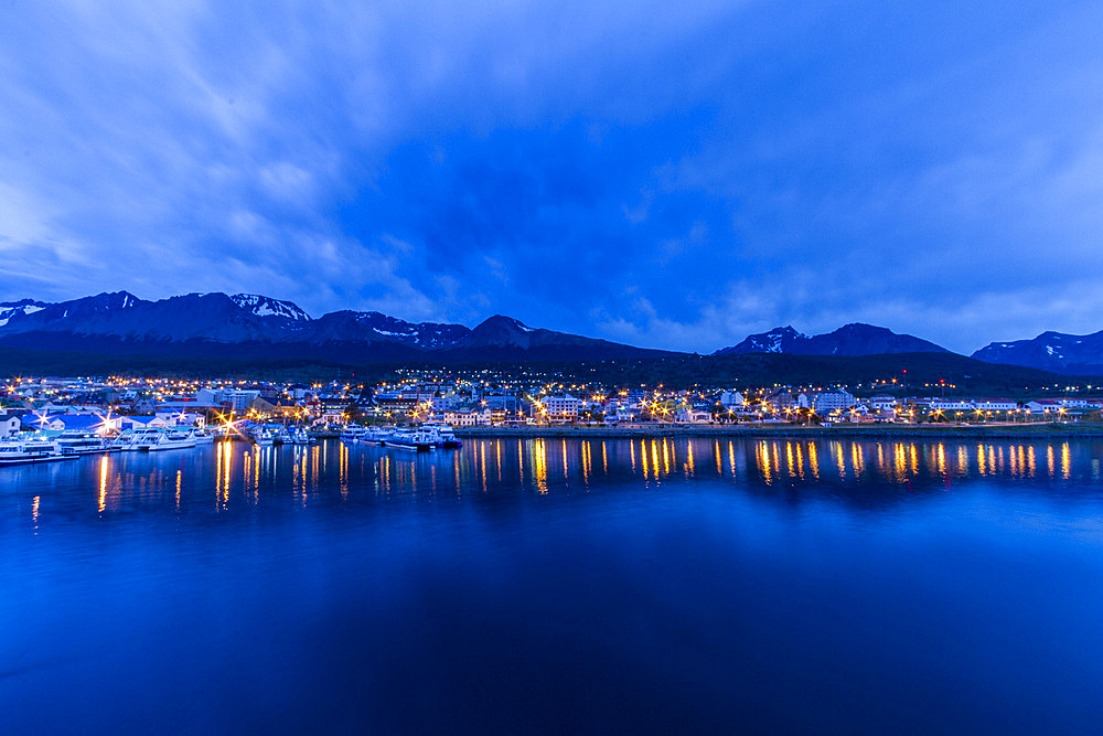 Night view of Ushuaia, the capital of the Argentine province of Tierra del Fuego and the southernmost city in the world.