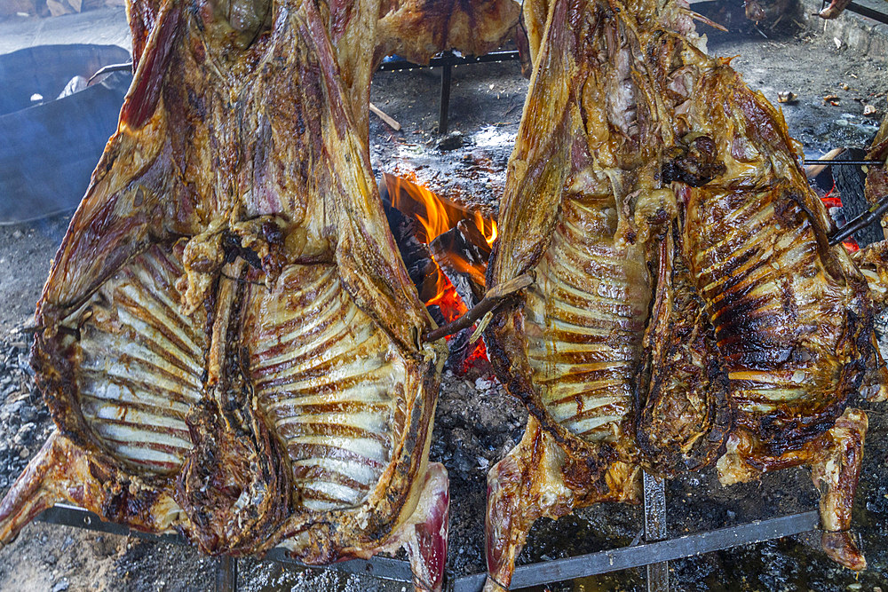 A traditional asado meal of fire roasted sheep at Cerro Castor, just outside the town of Ushuaia, Argentina.