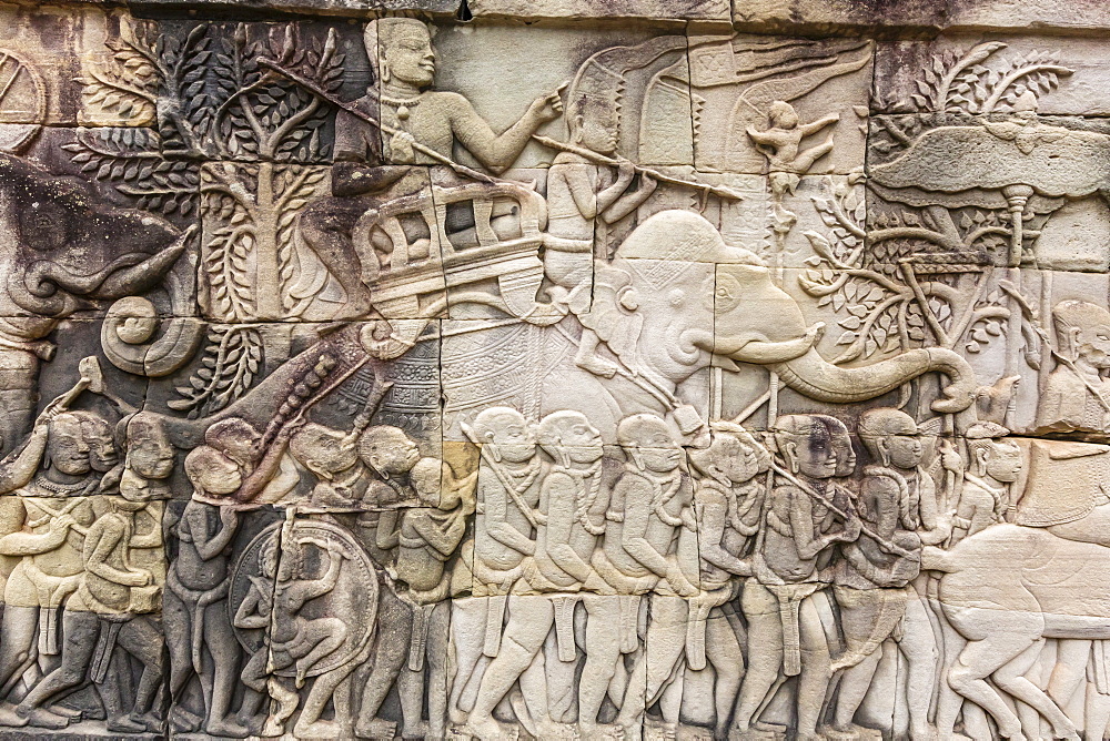 Bas-relief carvings in Bayon Temple in Angkor Thom, Angkor, UNESCO World Heritage Site, Siem Reap Province, Cambodia, Indochina, Southeast Asia, Asia 