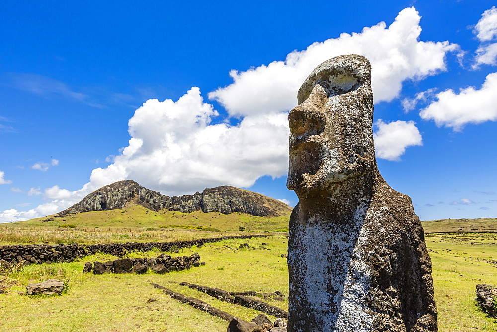 Single moai statue guards the entrance at the 15 moai restored ceremonial site of Ahu Tongariki on Easter Island (Isla de Pascua) (Rapa Nui), UNESCO World Heritage Site, Chile, South America