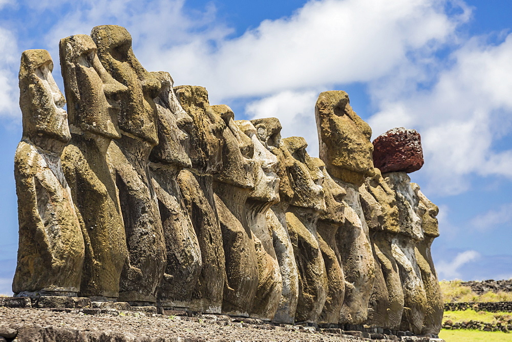 Fifteen moai at the restored ceremonial site of Ahu Tongariki on Easter Island (Isla de Pascua) (Rapa Nui), UNESCO World Heritage Site, Chile, South America