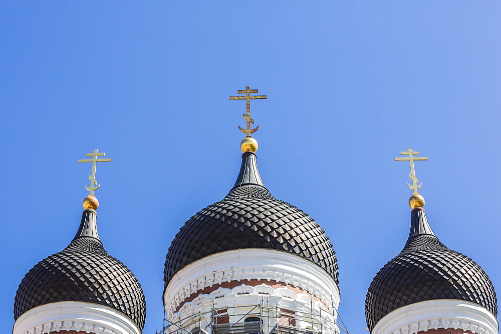 Orthodox church domed spires in the capital city of Tallinn, Estonia, Europe