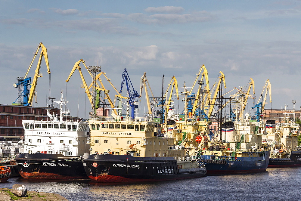 The busy shipyards in the Sea Port of St. Petersburg, on the Neva River, Russia, Europe