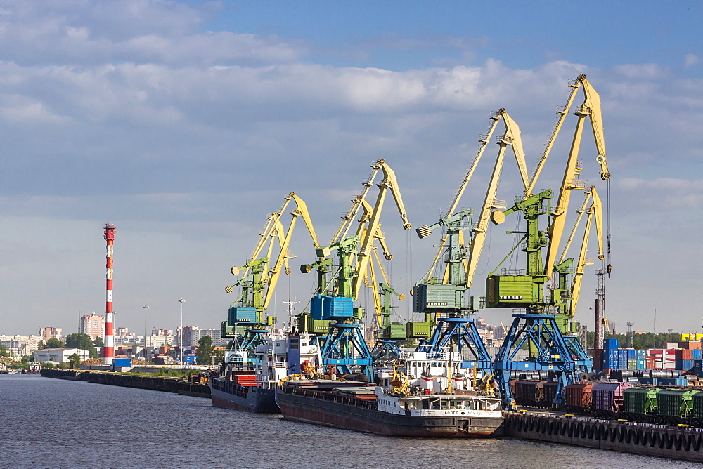 The busy shipyards in the Sea Port of St. Petersburg, on the Neva River, Russia, Europe