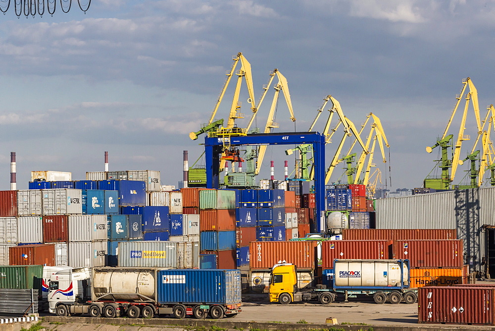 The busy shipyards in the Sea Port of St. Petersburg, on the Neva River, Russia, Europe