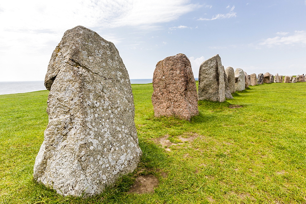 The standing stones in a shape of a ship known as Als Stene (Aleos Stones) (Ale's Stones), Baltic Sea, southern Sweden, Scandinavia, Europe