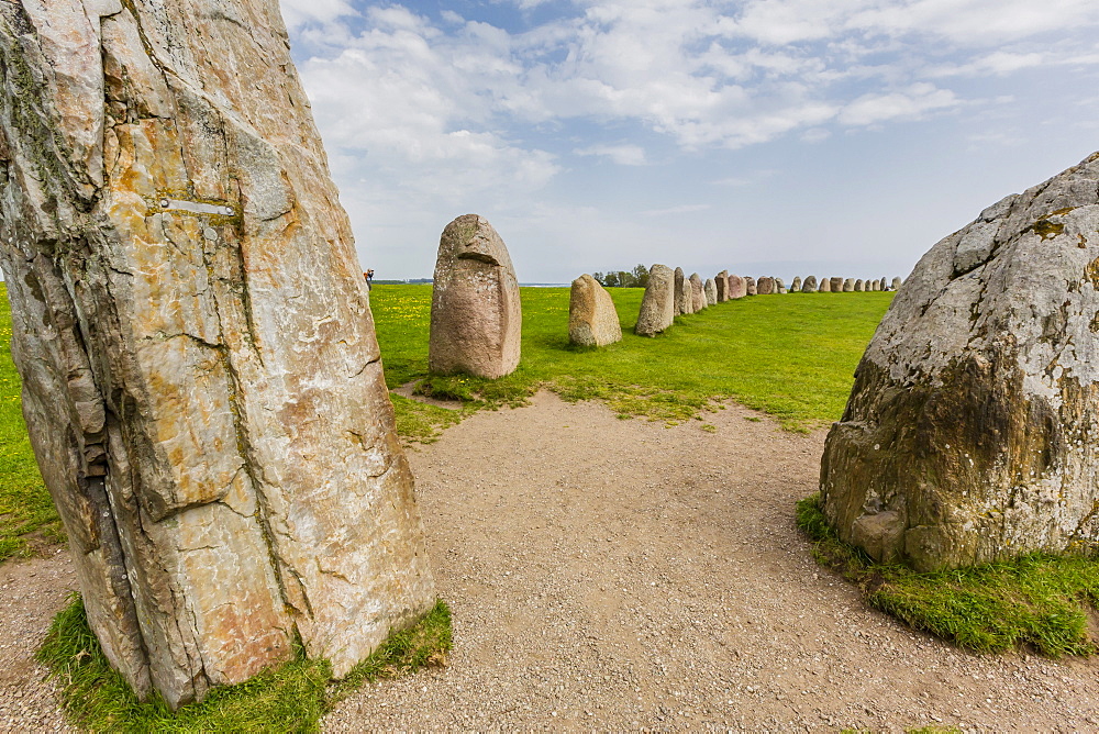 The standing stones in a shape of a ship known as Als Stene (Aleos Stones) (Ale's Stones), Baltic Sea, southern Sweden, Scandinavia, Europe