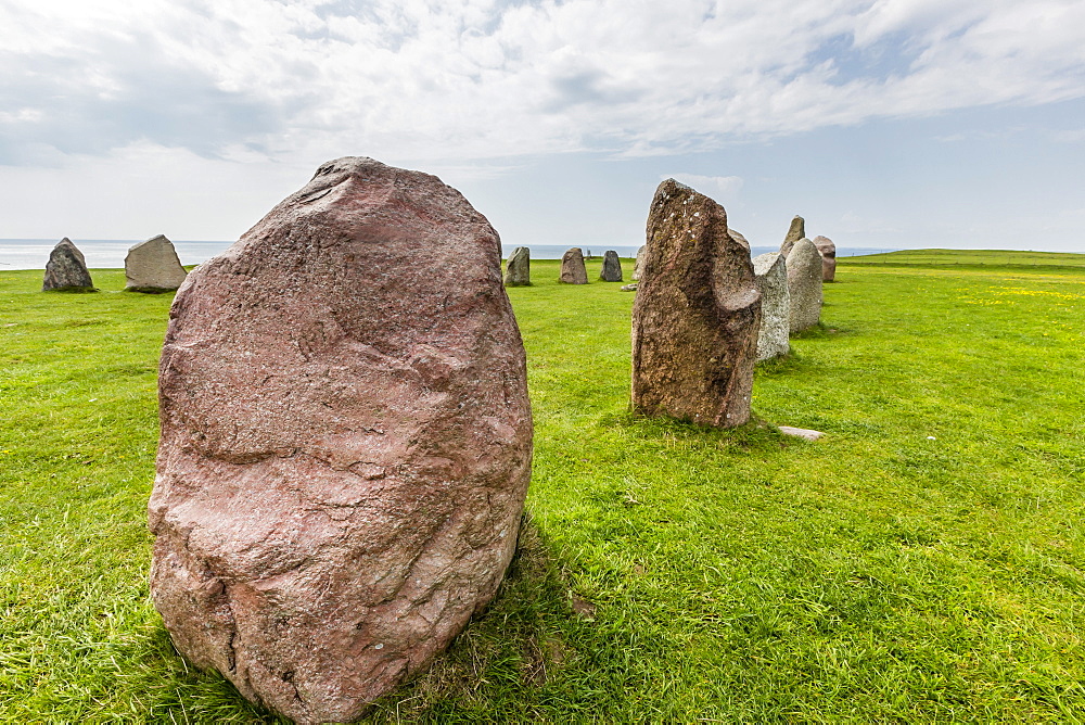 The standing stones in a shape of a ship known as Als Stene (Aleos Stones) (Ale's Stones), Baltic Sea, southern Sweden, Scandinavia, Europe