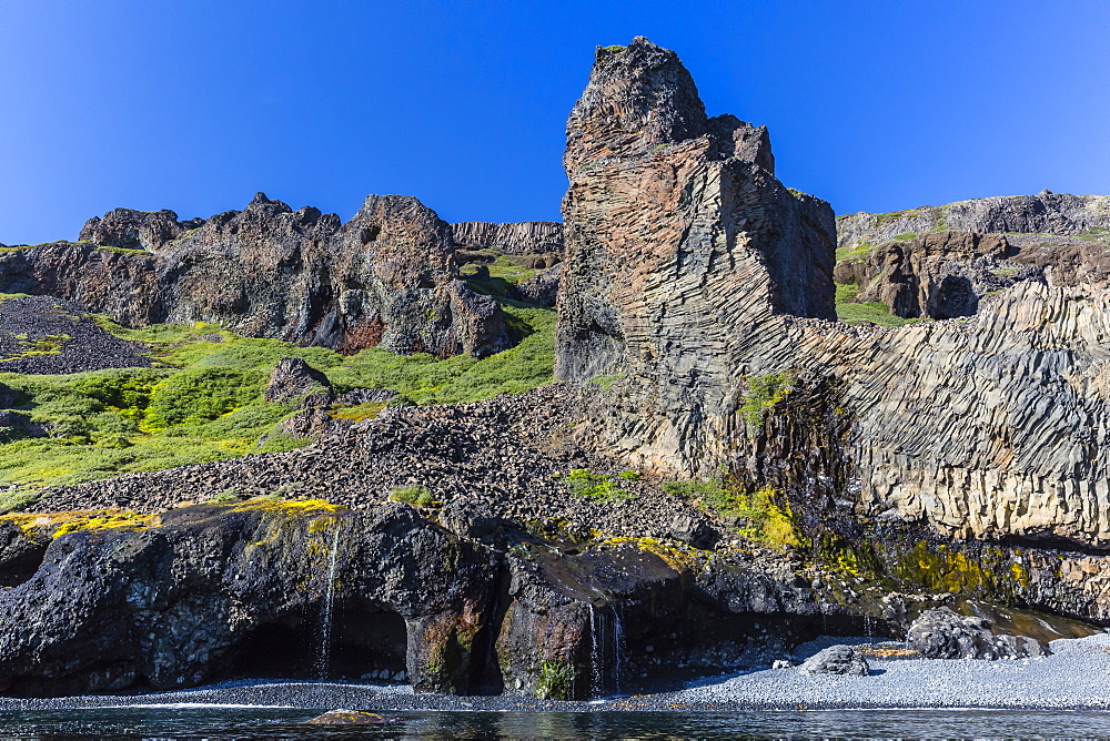 Amazing examples of columnar basalt on the southern coast of Disko Island, Kuannersuit, Greenland, Polar Regions