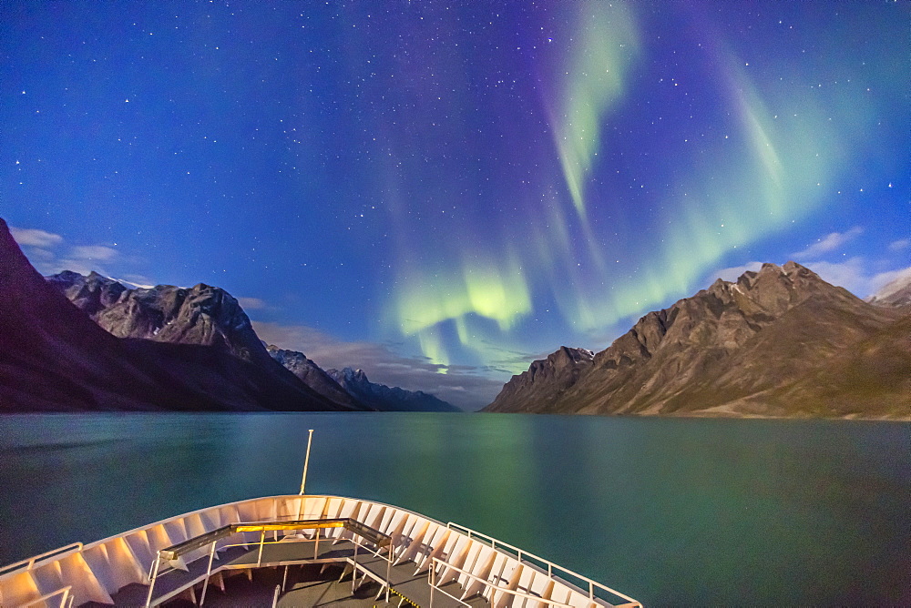 The aurora borealis in Kangerlussuaq Fjord, Greenland, Polar Regions