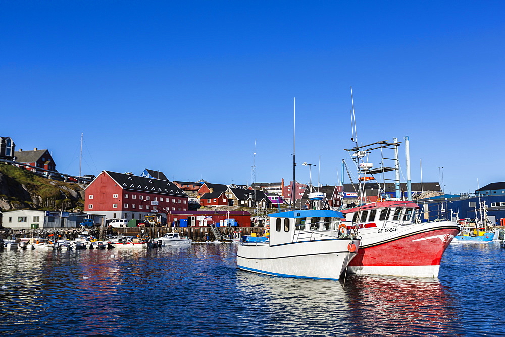 Commercial fishing and whaling boats line the busy inner harbor in the town of Ilulissat, Greenland, Polar Regions