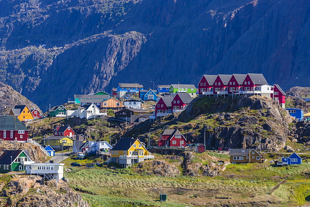 View of the brightly colored houses in Sisimiut, Greenland, Polar Regions