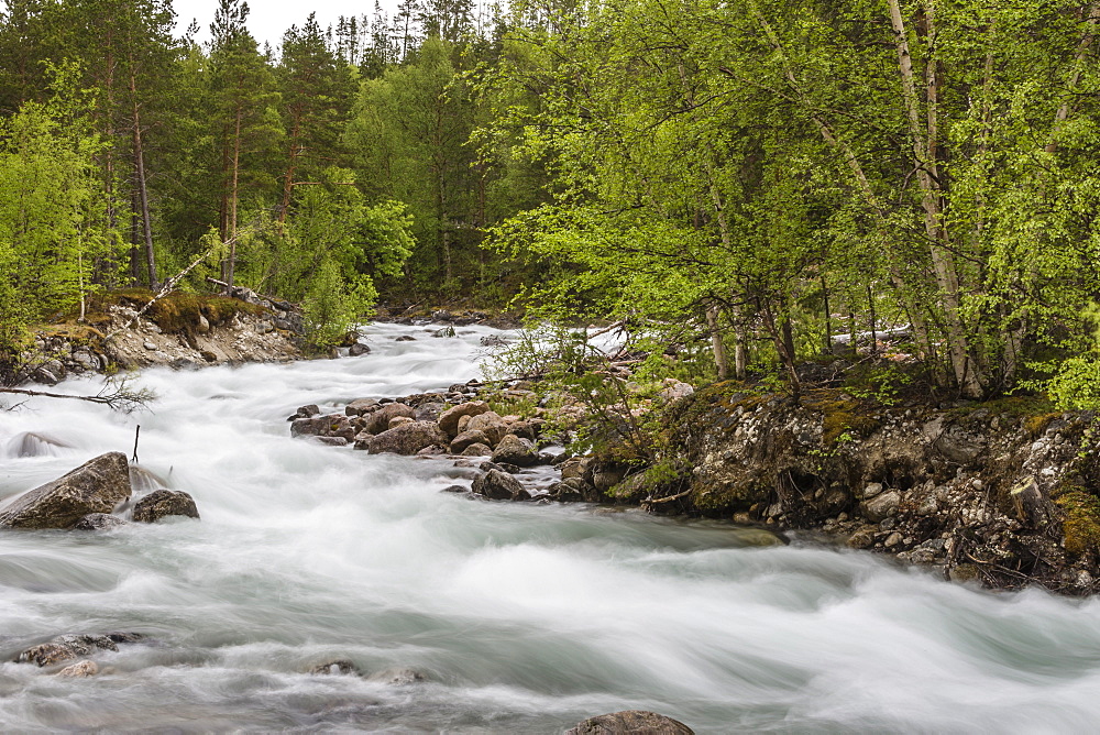 Slow motion blur detail of a raging river in Hellmebotyn, Tysfjord, Norway, Scandinavia, Europe