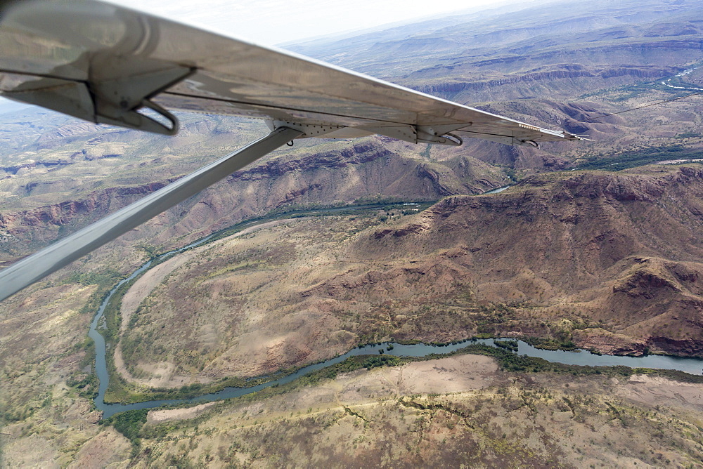 Aerial view of the man-made Ord River between Lake Kununurra and a Diversion Dam built in 1972, Kimberley, Western Australia, Australia, Pacific