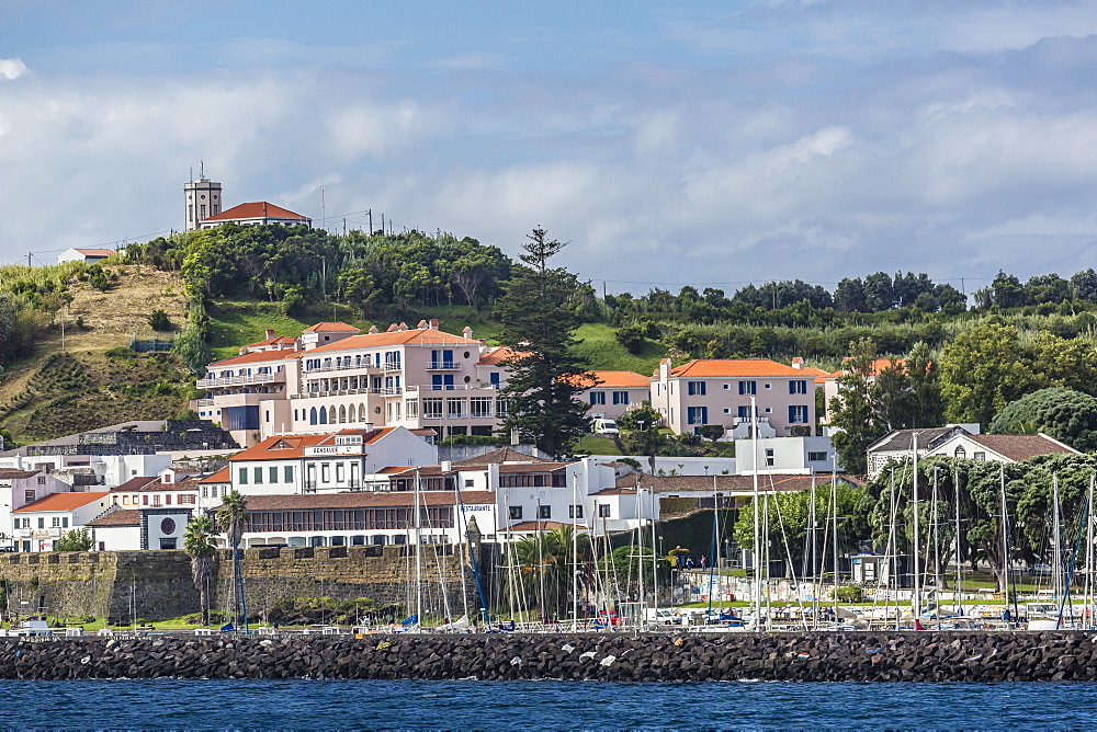 Waterfront view of the city of Horta, Faial Island, Azores, Portugal, Atlantic, Europe