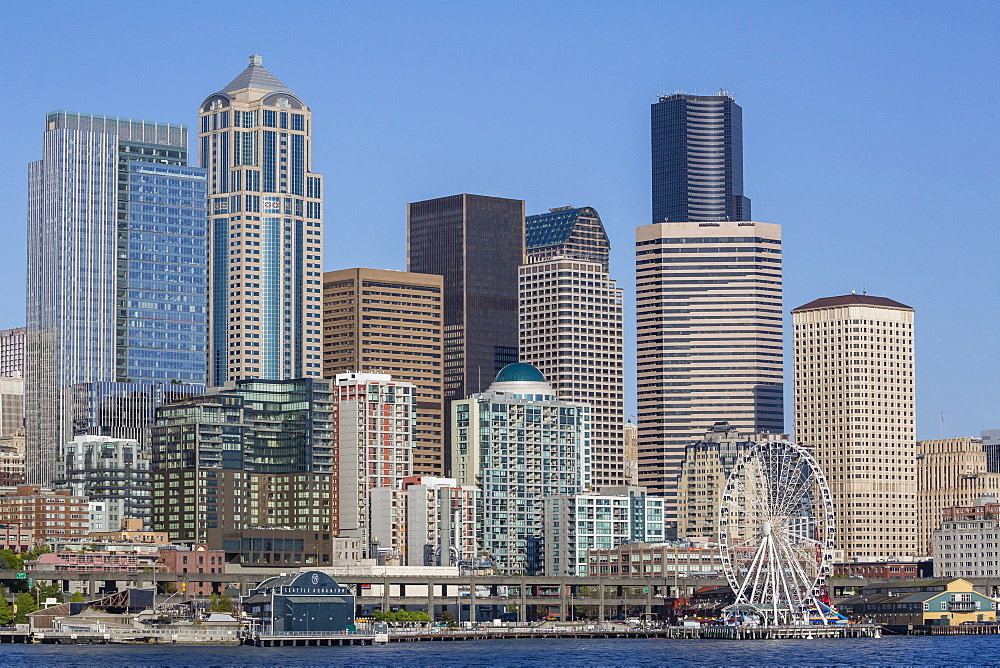 A view from Puget Sound of the downtown area of the seaport city of Seattle, King County, Washington State, United States of America, North America