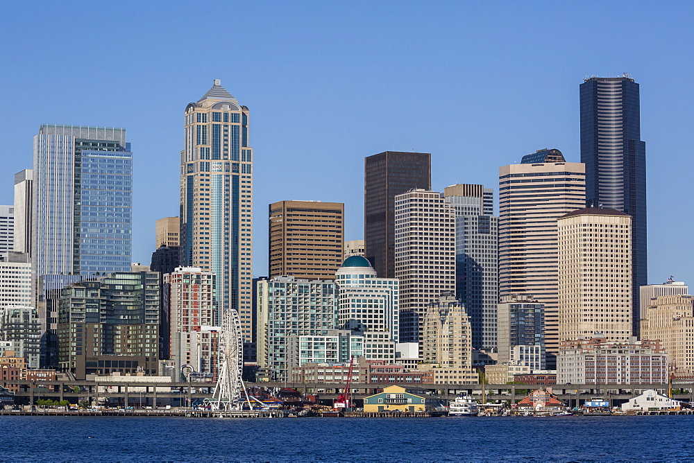 A view from Puget Sound of the downtown area of the seaport city of Seattle, King County, Washington State, United States of America, North America