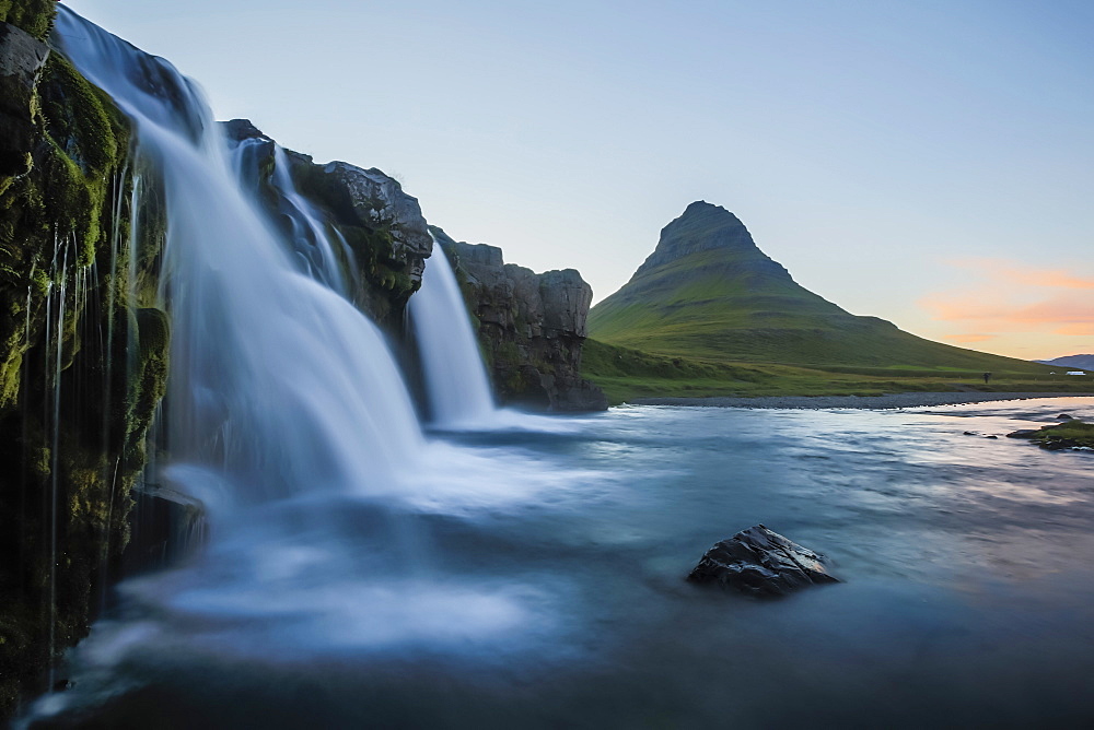 Waterfall near Kirkjufell (Church Mountain), just outside the town of Grundarfjordur on the Snaefellsnes Peninsula, Iceland, Polar Regions