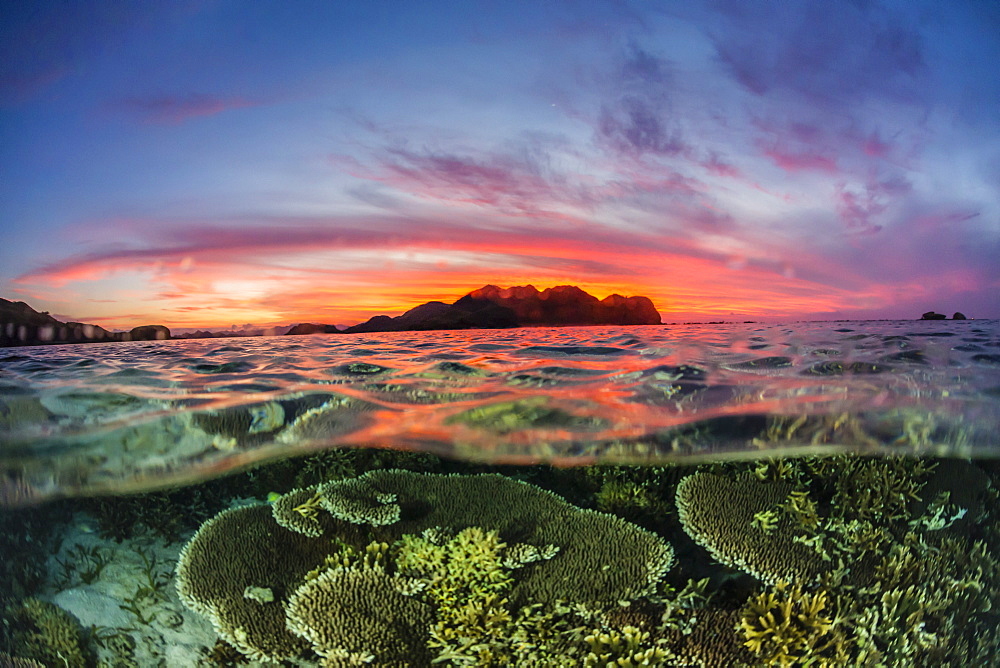 Half above and half below view of the Komodo Diving Resort at sunset, Sebayur Island, Flores Sea, Indonesia, Southeast Asia, Asia