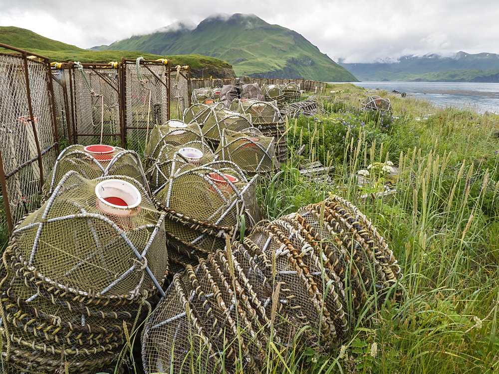 Crab fishing pots being stored at the dock in Dutch Harbor in the community of Unalaska, Alaska, United States of America, North America