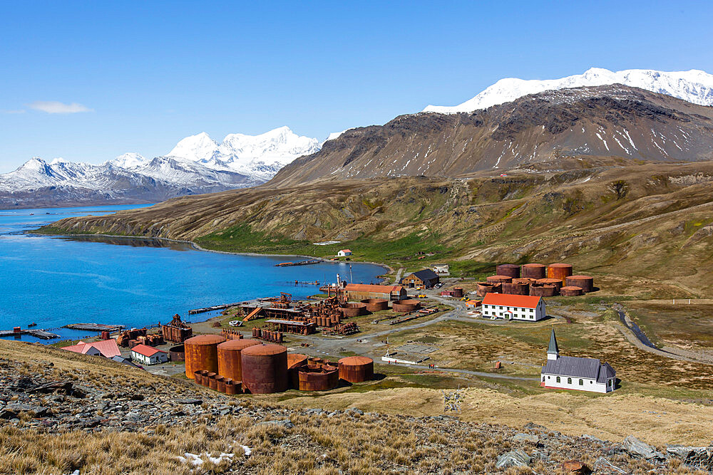 The abandoned Norwegian whaling station at Grytviken, now cleaned and open to tourism, South Georgia Island, Polar Regions