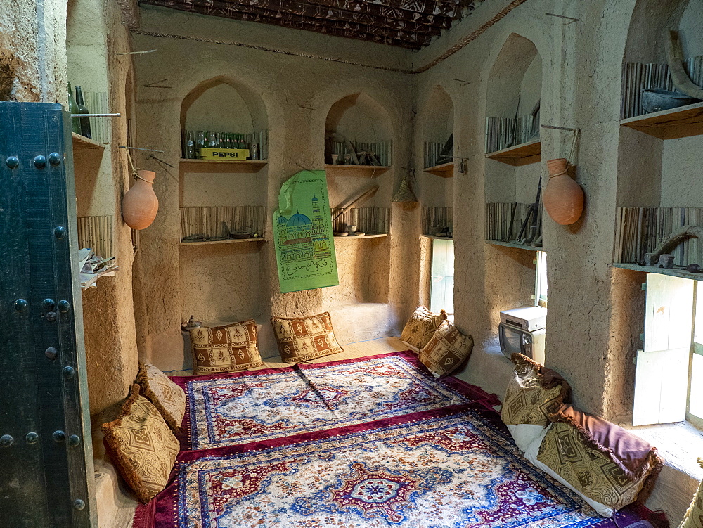 Interior view of a classic mud construction house in Bait Al Safah, Al Hamra, Sultanate of Oman, Middle East