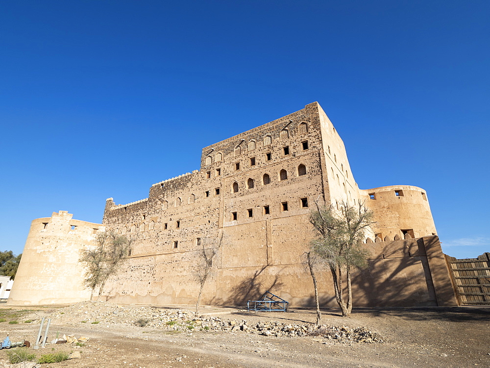 Exterior view of the Castle of Jabreen, a 17th century fortress near Bahla, Sultanate of Oman, Middle East