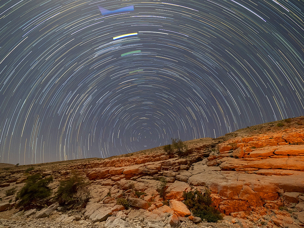 Star trails at night in Wadi Bani Khalid, Sultanate of Oman, Middle East