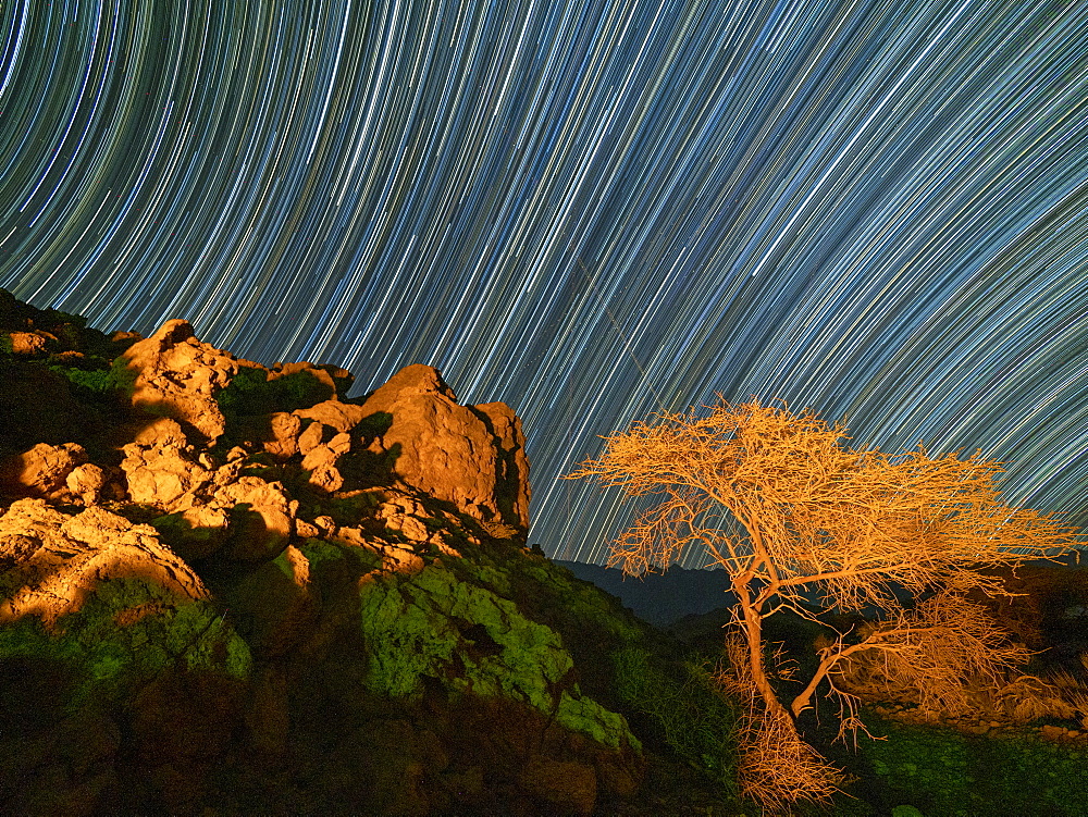 Star trails at night in Wadi Mistall, Sultanate of Oman, Middle East