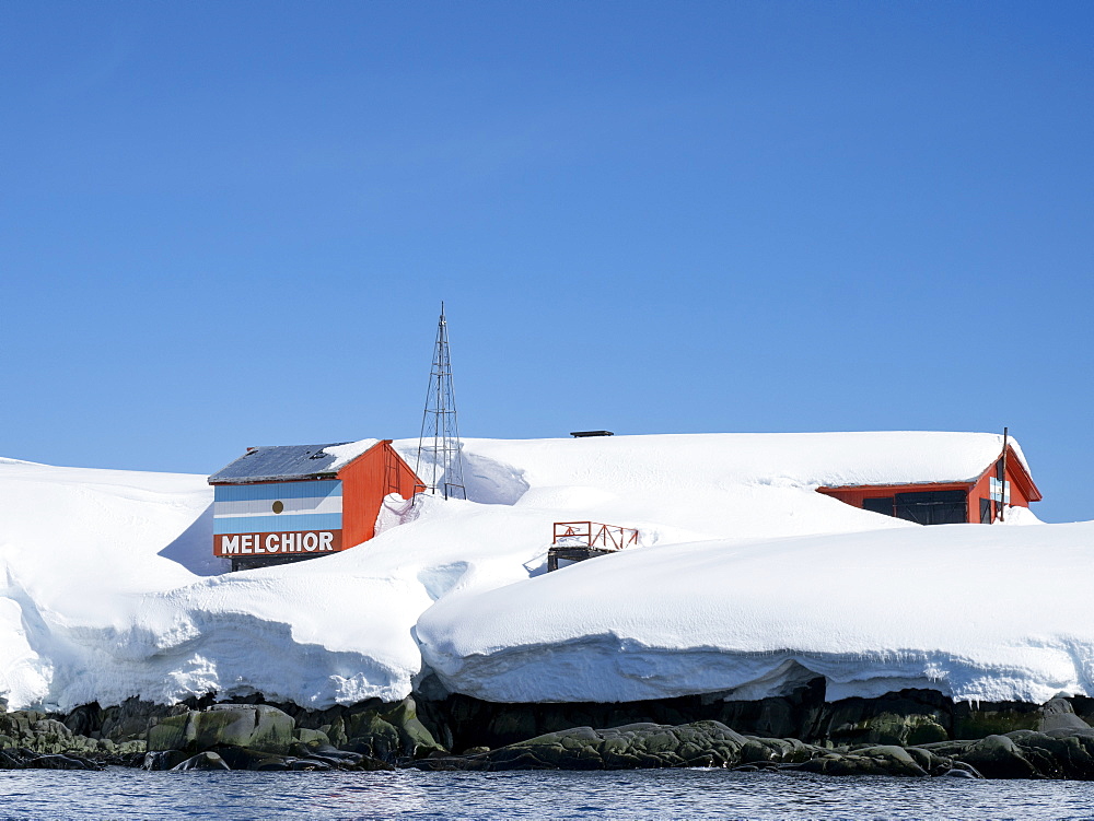 Snow covers the Argentine Research Base in the Melchior Islands, Dallmann Bay, Antarctica, Polar Regions